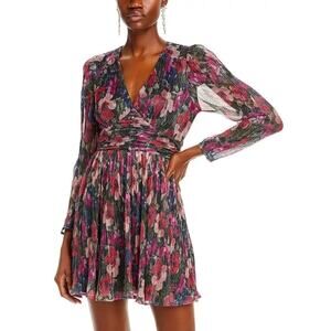 Aqua Floral Metallic Pleated V-Neck Cocktail Party Mini Dress Long Sleeves Small